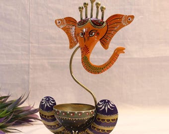 Handcrafted Metal Ganesha Tealight Holder, Orange Diwali Gift, Pooja Decor Stand