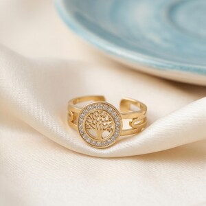 Tree of Life Ring Gold & Silver, Stainless Steel Adjustable Tree Ring, Hypoallergenic Zircon Stone Ring, Minimalist Ring, Gift for Her
