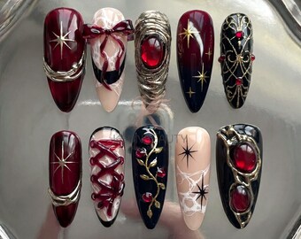 Gothic Vampire Press On Nails: 3D Blood Red Corset and Ruby Gemstone Art