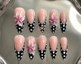Retro Polka Dot French Tip Press On Nails: 3D Hand-Painted Lily Flower Art