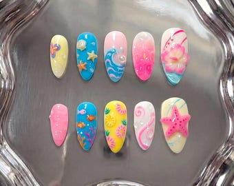 Tropical Mermaidcore Press On Nails: 3D Starfish, Shells & Ocean Waves