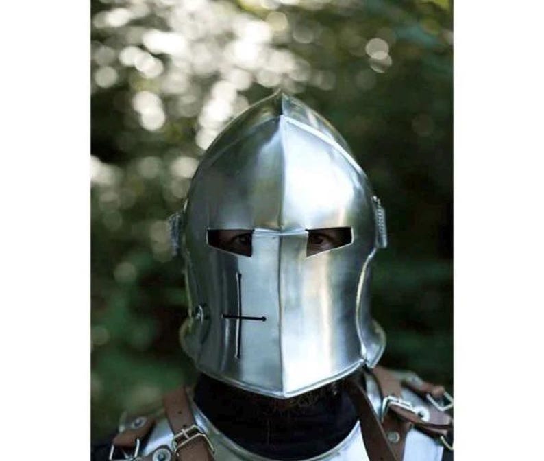 Nagina International Medieval Barbuta Visored Brushed Steel Knights Armory Templar Crusader's Helmet | Props & Costumes Helm for Larpers (Army Green) (𝗪𝗶𝘁𝗵 𝗦𝘁𝗮𝗻𝗱