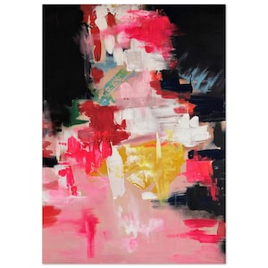 Könnte beinhalten: Abstrakte Malerei mit einer lebendigen Farbmischung. Das Kunstwerk zeigt kräftige Pinselstriche in Rosa, Rot, Gelb, Weiß und Schwarz. Die Komposition ist dynamisch und energiegeladen, mit einem Fokus auf Textur und Farbkontrast.