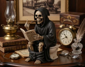 死神の骸骨トイレ像 – ゴシック調のインテリア、ダークユーモアの置物