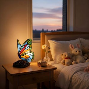 Butterfly Stained Glass Table Lamp: Tiffany-Style Bedside Night Light