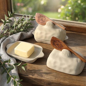 Puede incluir: Una mantequera beige claro con un cuchillo de mantequilla de madera. El cuchillo tiene un diseño floral y la letra "B". Un cuadrado de mantequilla se encuentra en una fuente a juego. La mantequera y la fuente son de cerámica.