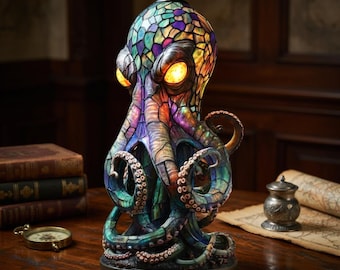 Lampa z żywicy w kształcie ośmiornicy | Lampa stołowa z ośmiornicą i świecącymi oczami | Unikalny wystrój domu w stylu marynistycznym | Lampa LED w stylu Tiffany