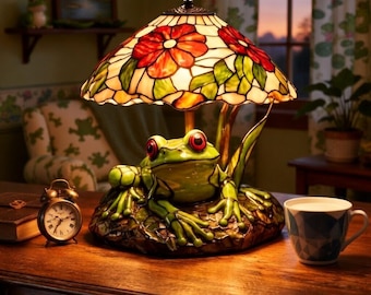 Lámpara de mesa de resina con vidrieras de rana y flor, decoración acogedora.