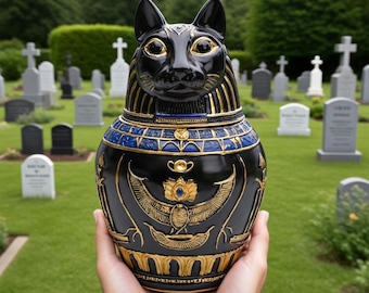 アヌビスのペット用骨壺、エジプトのカノプス壺スタイルのメモリアル骨壺、ブラックゴールド樹脂製