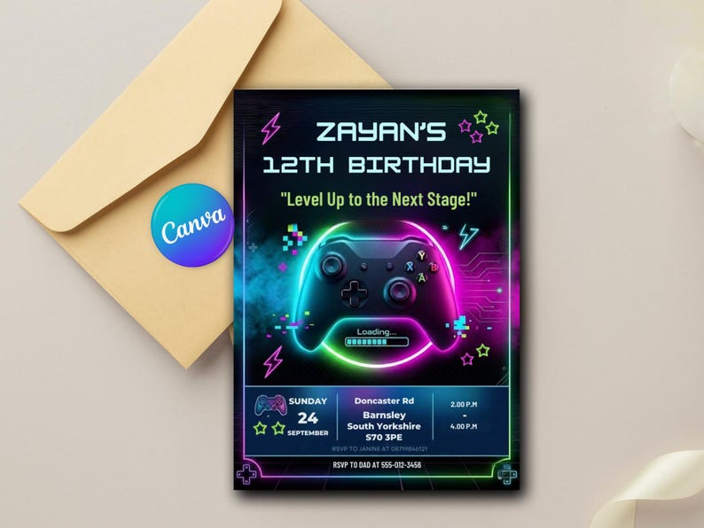 Gaming Birthday Invitation Template | Editable Neon Video Game Party ...