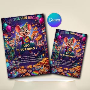 Invitación de cumpleaños con temática de Chuck E. Cheese / Invitación editable para fiesta arcade / Plantilla de Canva para cumpleaños de videojuegos infantiles / Invitación imprimible para fiesta divertida