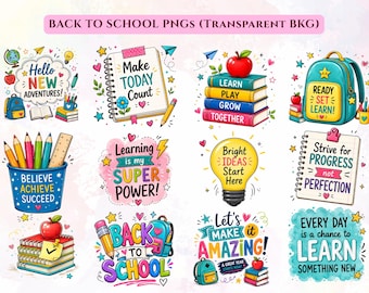 Puede incluir: Una colección de doce ilustraciones digitales coloridas con temática de regreso a clases, que incluyen útiles escolares como mochilas, libros, lápices y bombillas con textos motivadores como 'Make Today Count' y 'Strive for Progress not Perfection'.