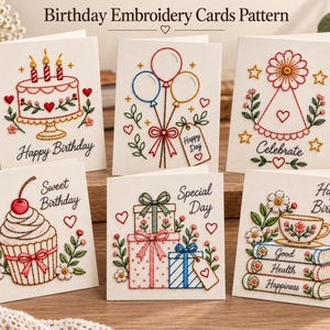 Puede incluir: Seis tarjetas de felicitación blancas con coloridos diseños bordados que incluyen un pastel de cumpleaños, globos, un gorro de fiesta, un cupcake, regalos y una taza sobre libros. Cada tarjeta muestra textos bordados como Happy Birthday, Celebrate, Sweet Birthday, Special Day, Good, Health y Happiness.
