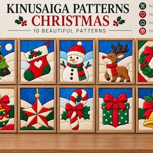 May include: A collection of ten Kinusaiga patterns featuring Christmas themes including a tree, stocking, snowman, reindeer, wreath, ornament, star, candy cane, gift, and bell. Each square design is framed in wood and displays festive imagery.