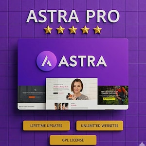 Puede incluir: Gráfico digital con el texto "ASTRA PRO" y cinco estrellas doradas. La imagen presenta el logotipo de ASTRA, vistas previas de sitios web y botones etiquetados como "LIFETIME UPDATES", "UNLIMITED WEBSITES" y "GPL LICENSE". El fondo es morado.