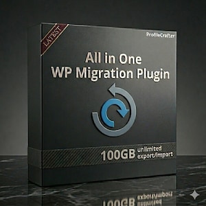 May include: A black box with the text "All in One WP Migration Plugin" and a circular arrow logo. The box also displays "100GB unlimited export/import" and the word "LATEST" in a red banner.