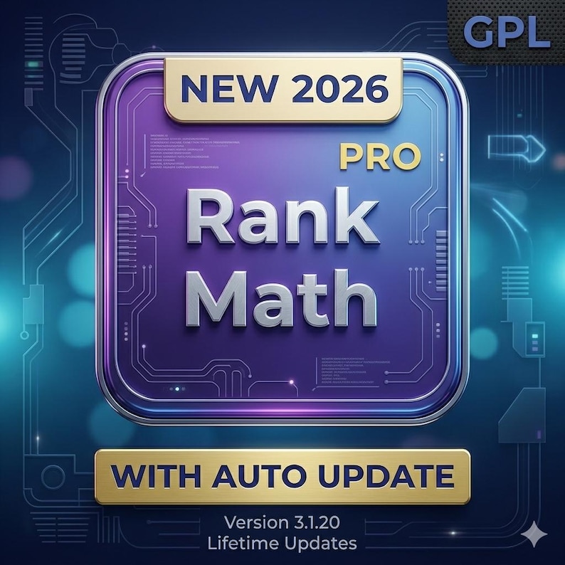 May include: A digital graphic with a purple and blue background. The central element is a square with the words "Rank Math" in white, with "NEW 2026" and "PRO" above. Below, it reads "WITH AUTO UPDATE". The image also displays "Version 3.1.20" and "Lifetime Updates".