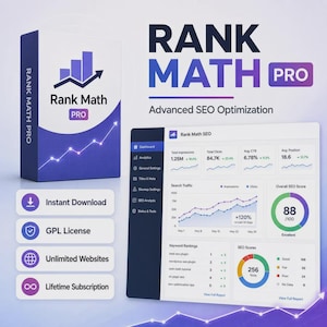 May include: A Rank Math Pro software box and a digital dashboard interface displaying SEO analytics, keyword rankings, and an overall SEO score of 88. The text includes Instant Download, GPL License, Unlimited Websites, and Lifetime Subscription.