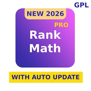 May include: A graphic with a purple and yellow gradient background. The text "NEW 2026" and "PRO" are displayed in yellow. The words "Rank Math" are in white. Below, the text "WITH AUTO UPDATE" is in yellow, and "GPL" is in the top right corner.