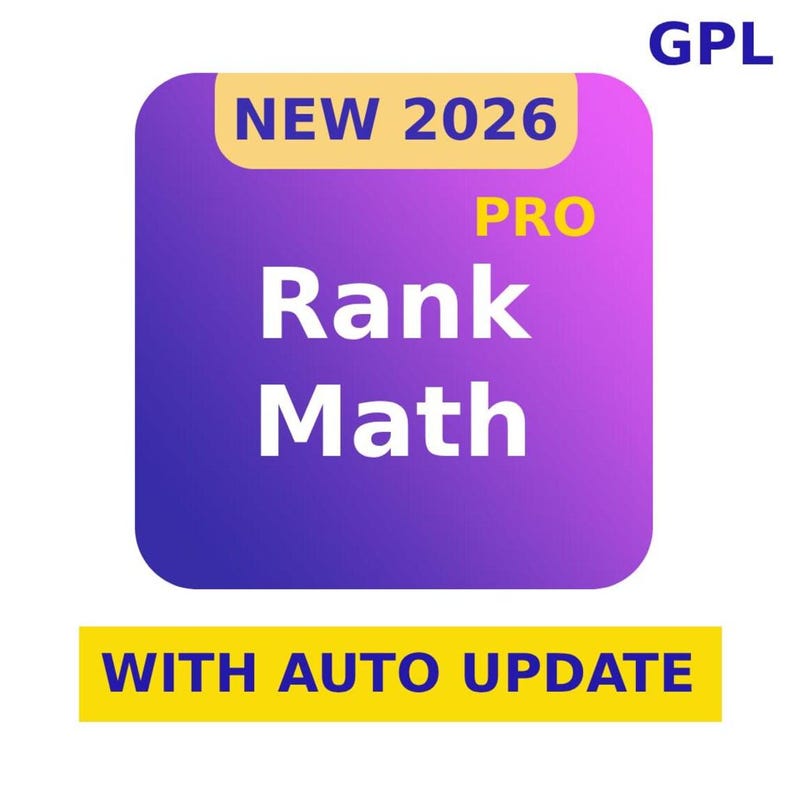 May include: A graphic with a purple and yellow gradient background. The text "NEW 2026" and "PRO" are displayed in yellow. The words "Rank Math" are in white. Below, the text "WITH AUTO UPDATE" is in yellow, and "GPL" is in the top right corner.