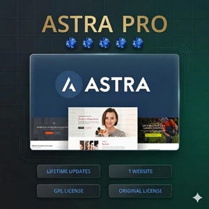 Puede incluir: Gráfico digital que promociona ASTRA PRO, con una pantalla de portátil que muestra un diseño de sitio web. El texto "ASTRA PRO" es dorado, con gemas azules encima de la pantalla. Debajo, el texto incluye "LIFETIME UPDATES" y "1 WEBSITE".