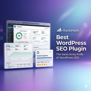 May include: A digital graphic promoting RankMath, a WordPress SEO plugin. The image features a laptop screen and several smaller windows displaying SEO performance metrics. Text includes "Best WordPress SEO Plugin" and "Schema Integration."
