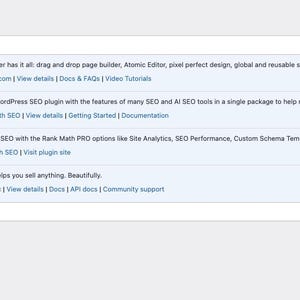 May include: A screenshot of a plugin management interface, displaying a list of plugins with descriptions. The plugins include Elementor, Rank Math SEO, Rank Math SEO PRO, and WooCommerce. The interface has a white background with blue and gray text.