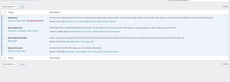 May include: A screenshot of a plugin management interface, displaying a list of plugins with descriptions. The plugins include Elementor, Rank Math SEO, Rank Math SEO PRO, and WooCommerce. The interface has a white background with blue and gray text.