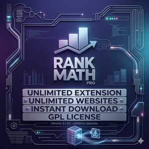 May include: A digital graphic with the text "RANK MATH PRO" and a chart icon with an upward arrow. Below, it lists "UNLIMITED EXTENSION", "UNLIMITED WEBSITES", "INSTANT DOWNLOAD", and "GPL LICENSE". The background is a dark blue with circuit-like designs.