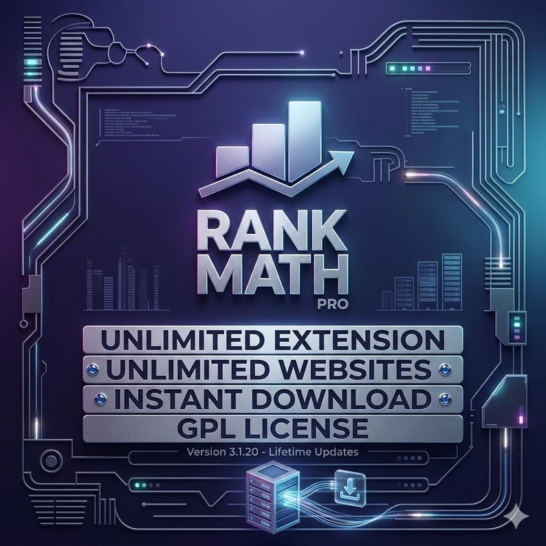 May include: A digital graphic with the text "RANK MATH PRO" and a chart icon with an upward arrow. Below, it lists "UNLIMITED EXTENSION", "UNLIMITED WEBSITES", "INSTANT DOWNLOAD", and "GPL LICENSE". The background is a dark blue with circuit-like designs.