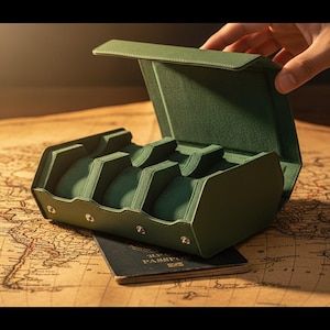 May include: Green leather watch case with four compartments, open to display the interior. The case is on top of a passport and a map. The case is being opened by a hand.