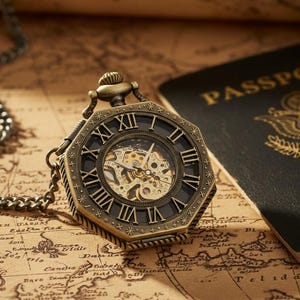 Op de afbeelding: Een antieke zakhorloge met een bronzen afwerking, Romeinse cijfers en een zichtbaar mechanisch uurwerk. Het achthoekige horloge is bevestigd aan een ketting en ligt op een vintage kaart. Een paspoort staat op de achtergrond.
