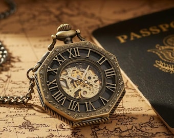 Orologio da tasca meccanico esagonale vintage con catena, regalo perfetto per ogni occasione.