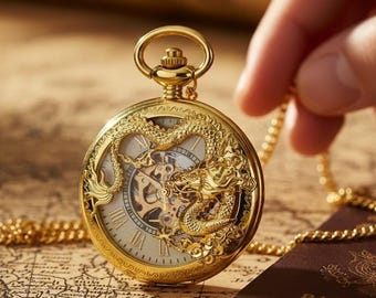 Goldene Drachen-Taschenuhr mit Kette und Skeleton-Style-Zifferblatt Handbuch-Mechanischer Stil