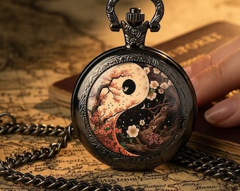 Floral Tree Yin Yang Pocket Watch Quartz Vintage Necklace Gift for Any Occasion