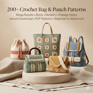 May include: A collection of crochet bags and pouches in various styles, including a drawstring bag, tote bag, handbag, crossbody bag, and backpack. The bags are in shades of cream, green, yellow, and blue. The text reads "200+ Crochet Bag & Pouch Patterns".