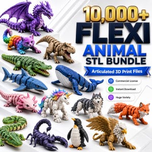 May include: A collection of articulated 3D printed animal figures including a purple dragon, rainbow cat, green crocodile, blue shark, whale, pink axolotl, unicorn, wolf, fox, snake, scorpion, penguin, and griffin with text 10,000+ FLEXI ANIMAL STL BUNDLE.