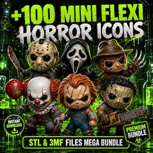 Puede incluir: Una colección digital de 100 mini iconos de terror flexibles con figuras estilizadas de personajes de terror icónicos, incluyendo una figura con máscara de hockey y cuchillo, una máscara de fantasma, una figura con garras, un payaso y un muñeco.