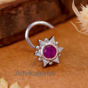 Anillo de nariz de estrella de plata de ley 925, pendiente de nariz de rubí, joyería tribal, piercing de nariz bohemio, regalo hecho a mano para mujer