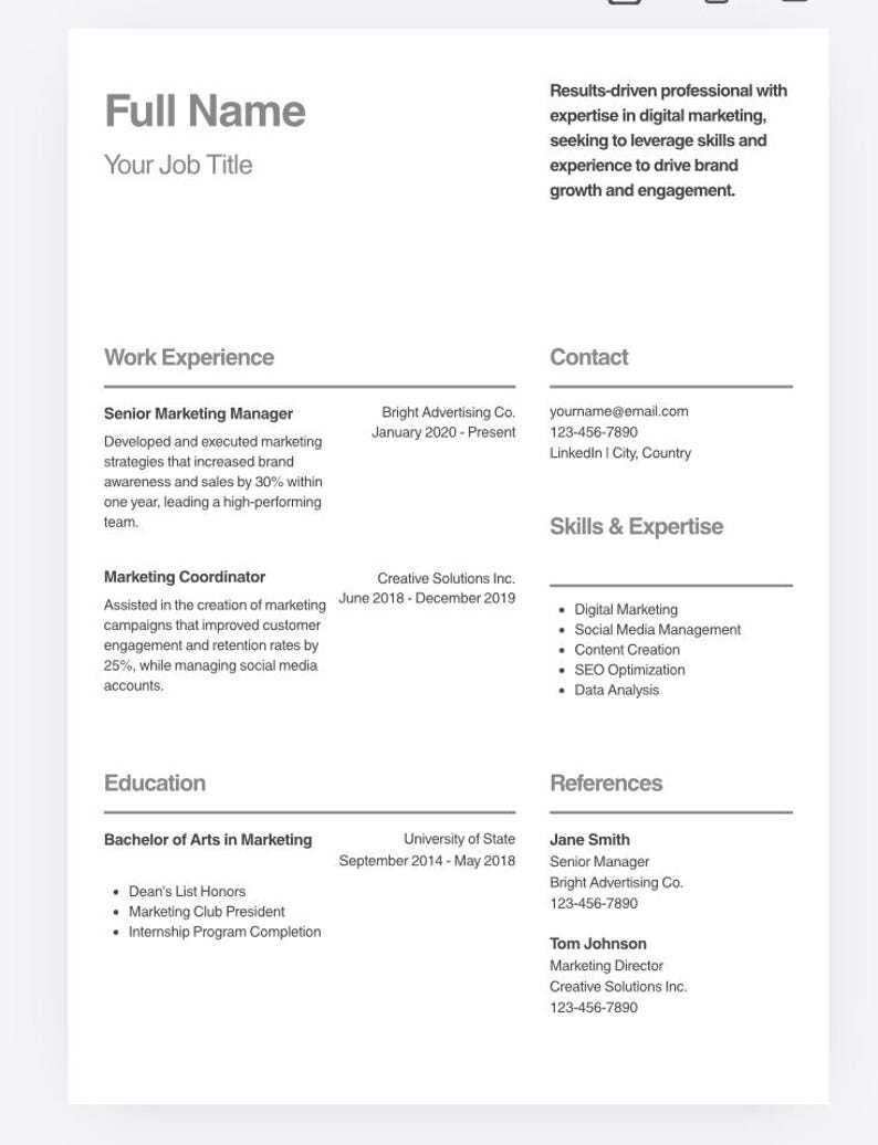 Minimalist Two Column Resume Template | Modern CV for Canva (instant ...