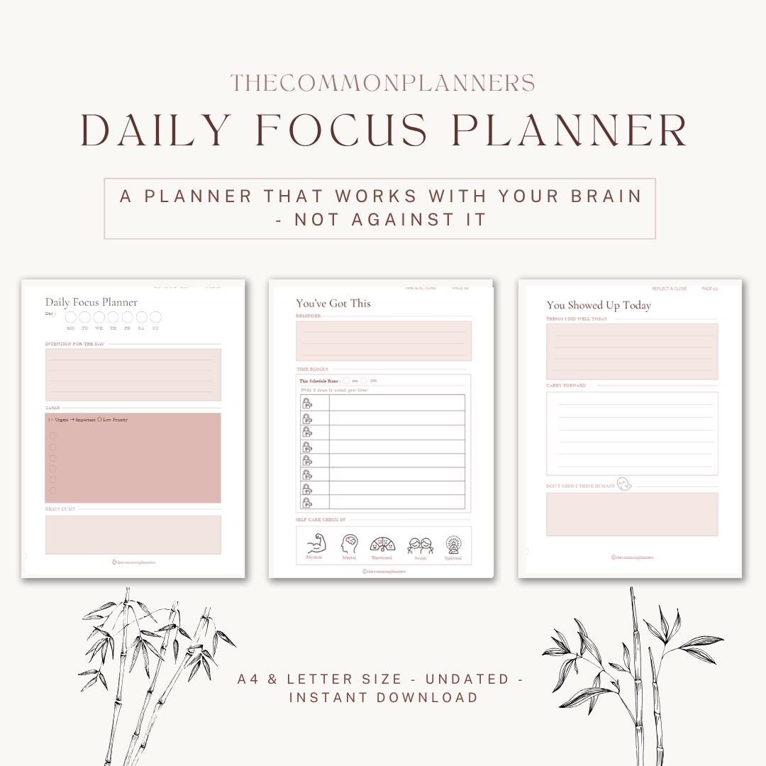 Undated Daily Focus Planner | ADHD Friendly | Blooming Rose | Printable ...