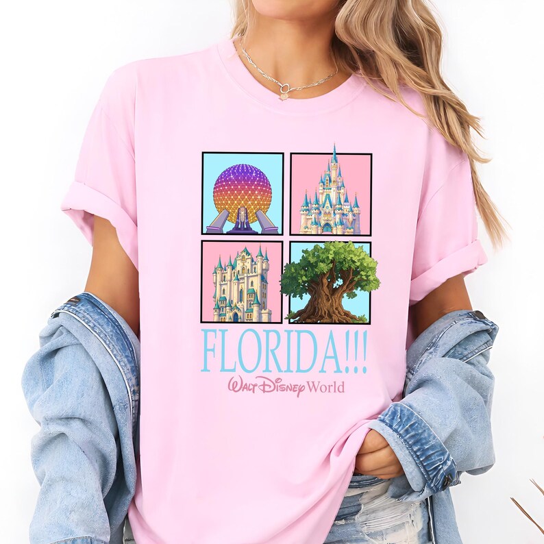 May include: Pink t-shirt featuring four square images of Florida landmarks, including a large sphere, a castle, and a tree. The text "FLORIDA!!! Walt Disney World" is printed below the images in light blue.