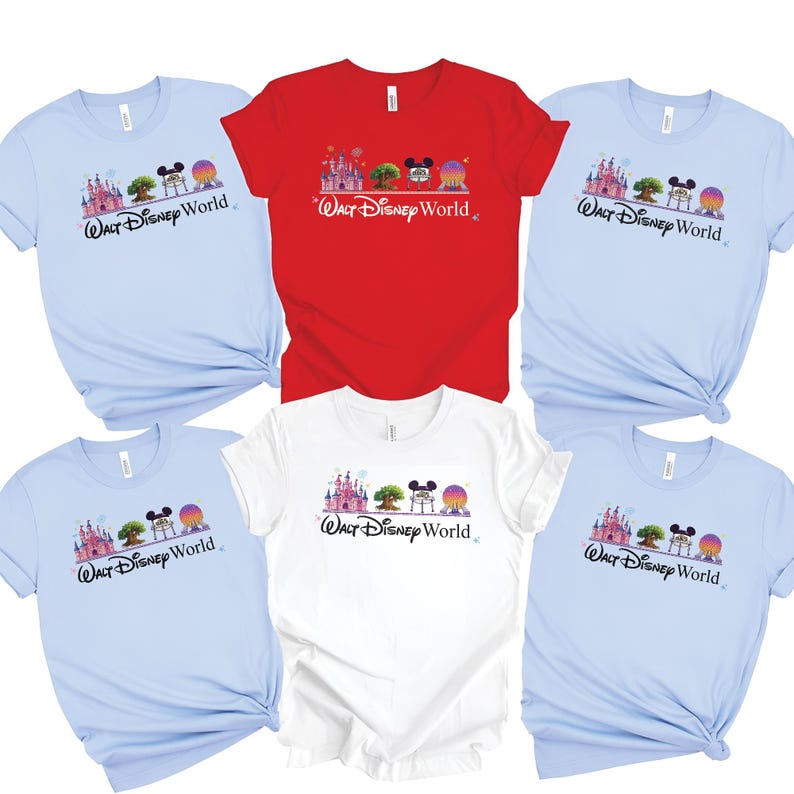 May include: A collection of short-sleeved t-shirts in various colors, including light blue, red, and white. Each shirt features a graphic of a castle, tree, Mickey Mouse ears, and a sphere, with the text "Walt Disney World".