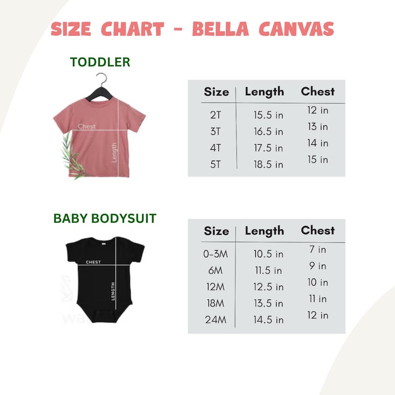 May include: A size chart for toddler t-shirts and baby bodysuits. The chart includes measurements for length and chest in inches. The text "SIZE CHART - BELLA CANVAS" is at the top.