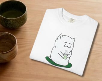 Ponpon Seiza Tea Time Cat T-Shirt | Matcha Japanese Kawaii Comfort Colors Tee