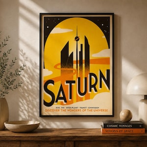 Puede incluir: Un póster enmarcado con una ilustración estilizada en amarillo y negro de una ciudad futurista en Saturno. El texto dice SATURN, RIDE THE INTER-PLANET TRANSIT COMMISSION y DISCOVER THE WONDERS OF THE UNIVERSE en letras negras.