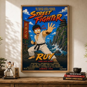 May include: A vertical poster featuring a cartoon illustration of a martial artist in a white gi and black belt, with the text Street Fighter, Ruy, and other credits. The background shows a rocky landscape, a pagoda, and a blue sky with clouds.