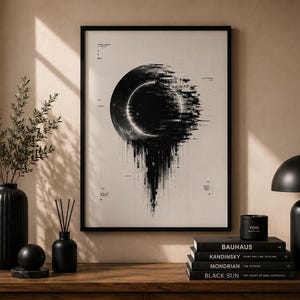 Glitch Moon-poster | Futuristiskt svartvitt cyberpunk-konsttryck
