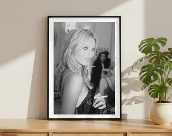 ヴィンテージ ケイト・モス 喫煙プリント、高級モデル ファッションポスター、ファインアート写真ウォールアート、ハイソサエティ 白黒装飾