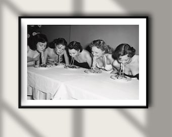 Vintage Girls Eating Spaghetti Pasta Italy Print, Luxury Model Fashion Poster, Fine Art Photography Wall Art Black and White 60's 70's Decor